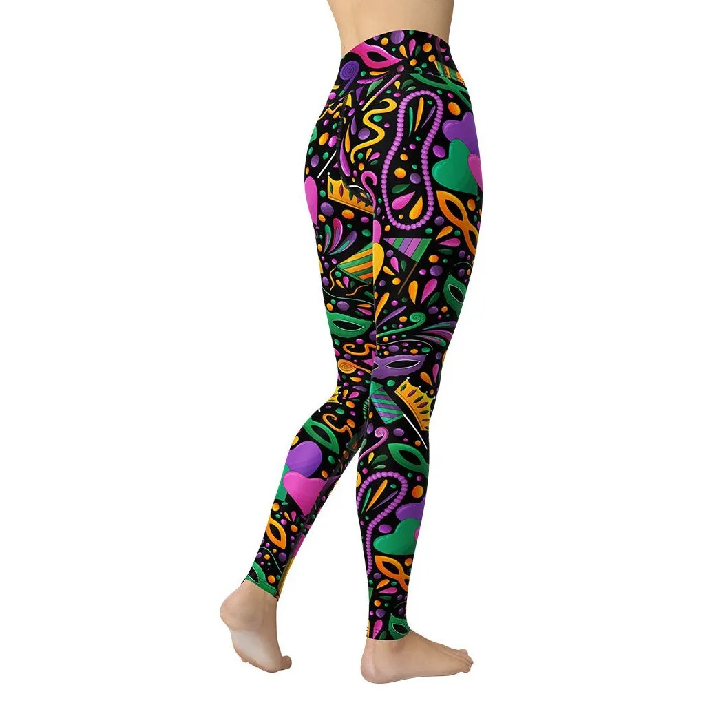 Mardi Gras Masks & Beads Party Yoga Leggings