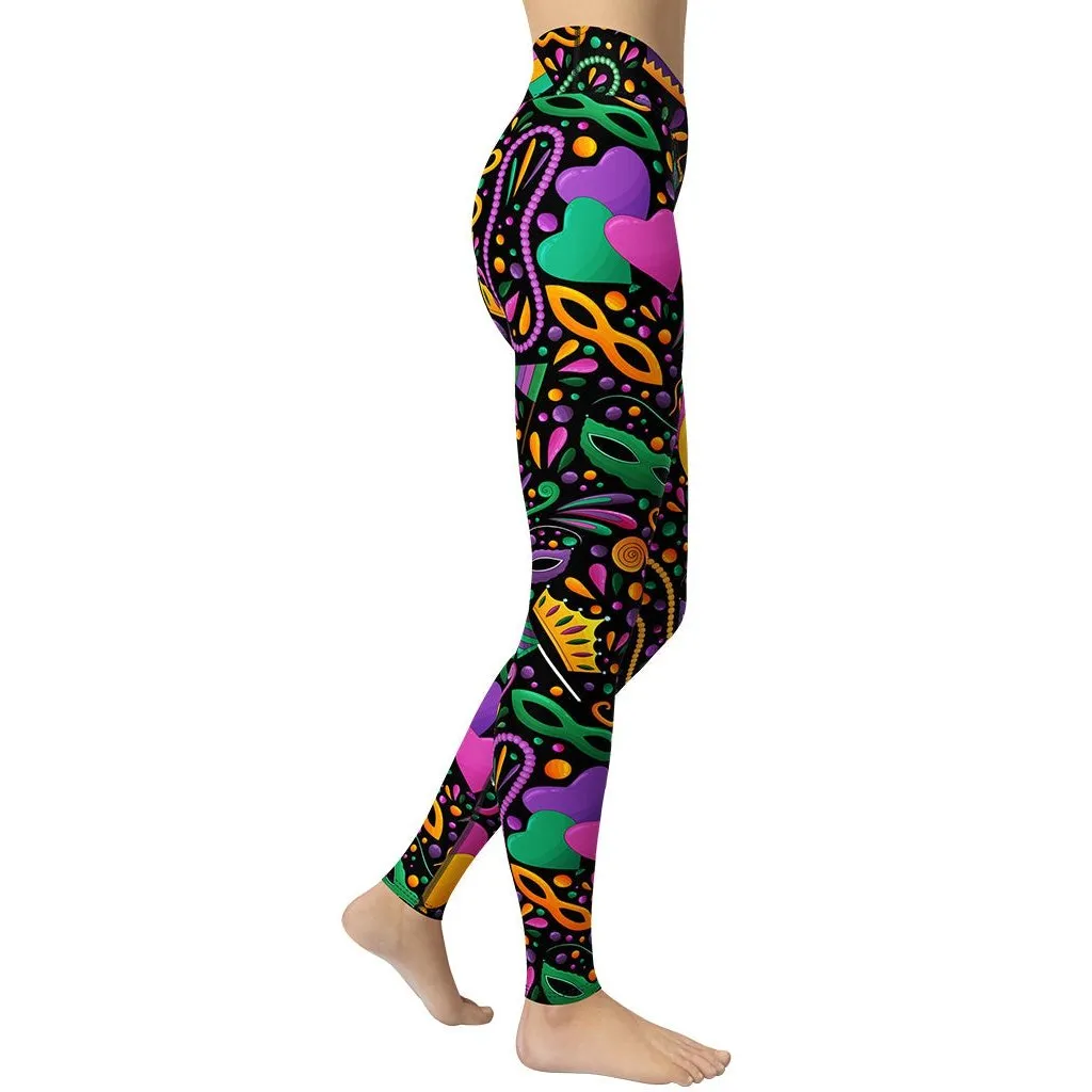 Mardi Gras Masks & Beads Party Yoga Leggings