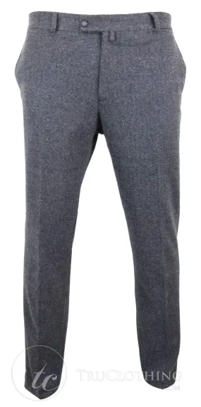 Mens Grey Charcoal Tweed Herringbone Wool Trousers - Charcoal