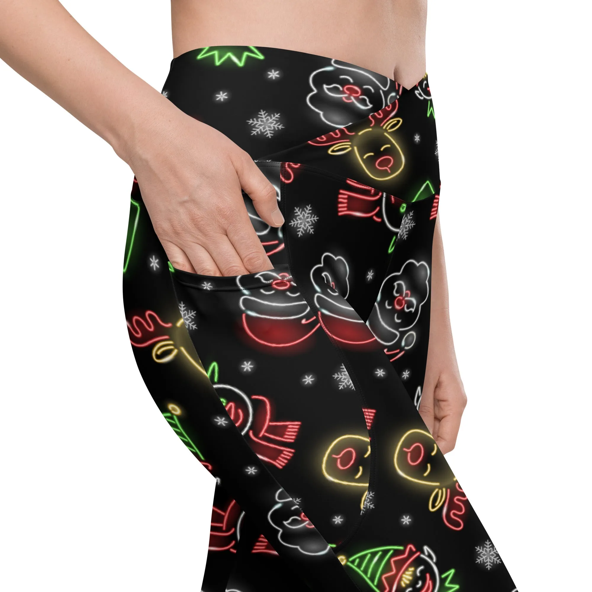 Neon Christmas Crossover Leggings With Pockets