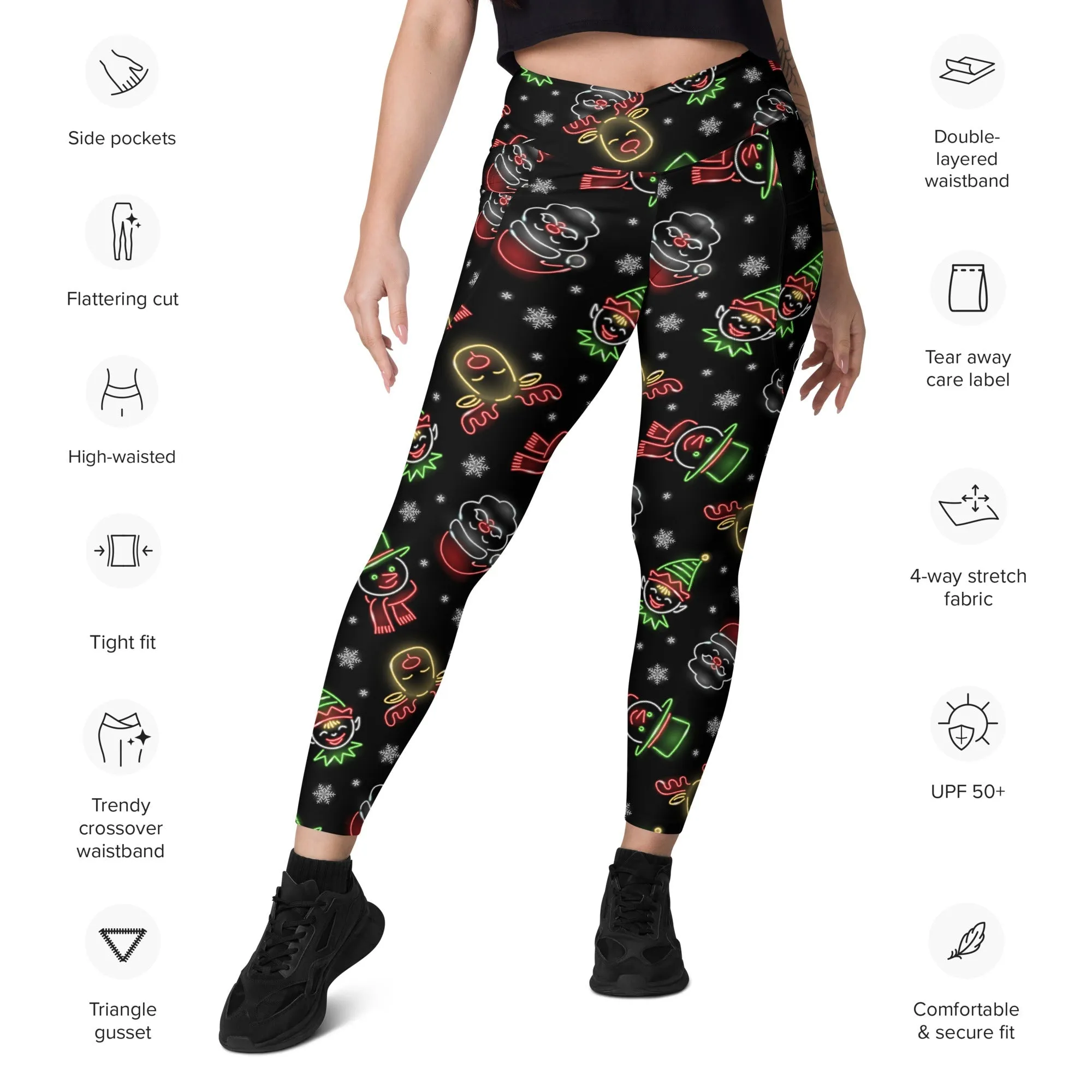 Neon Christmas Crossover Leggings With Pockets