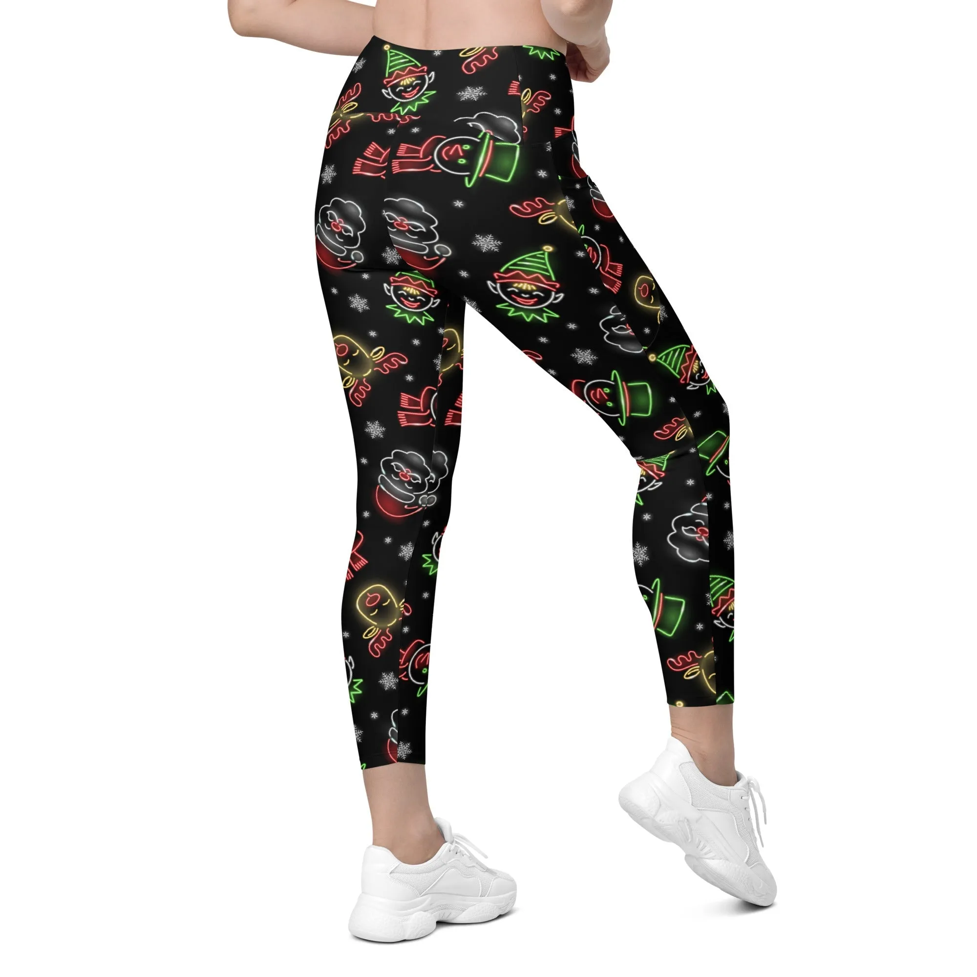 Neon Christmas Crossover Leggings With Pockets