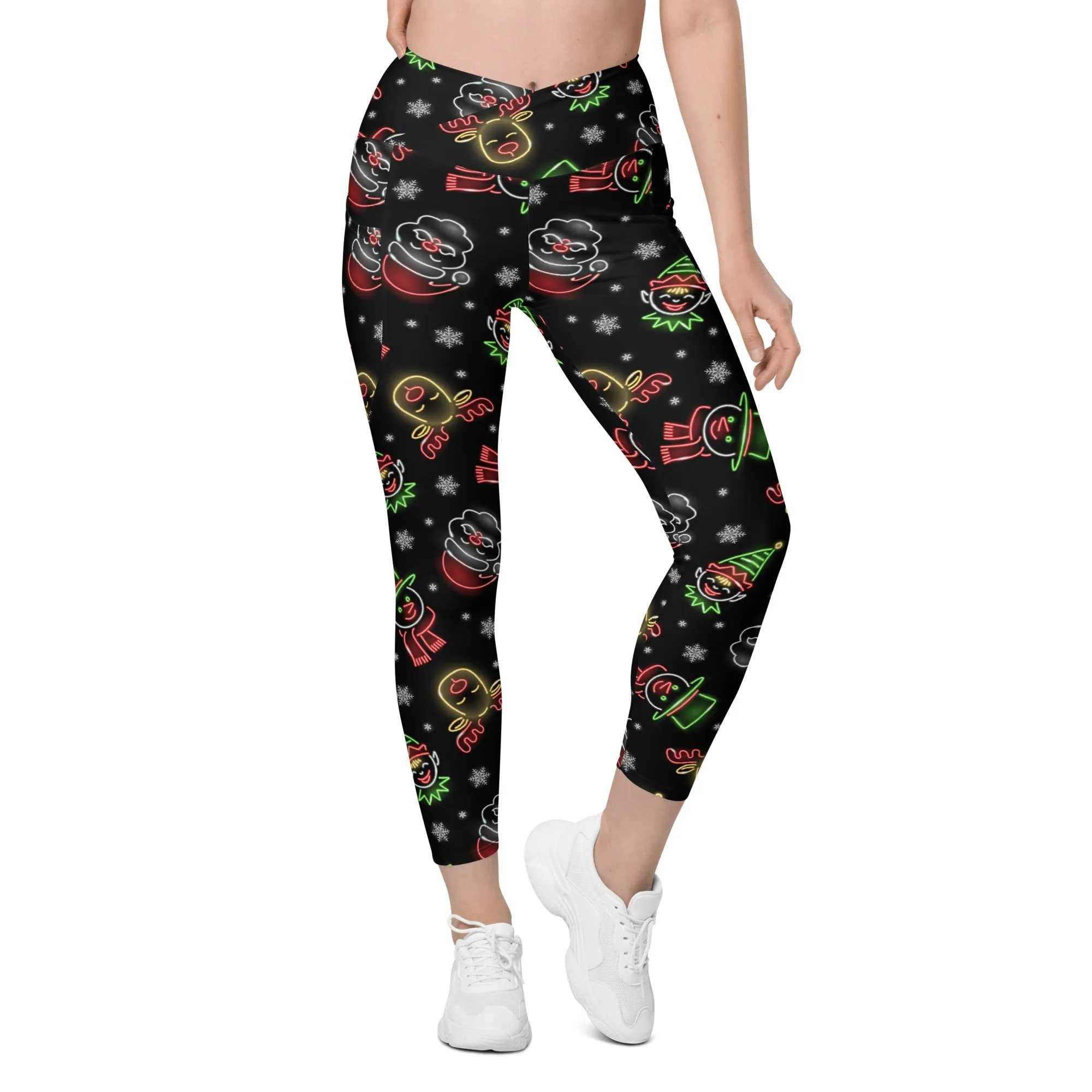 Neon Christmas Crossover Leggings With Pockets