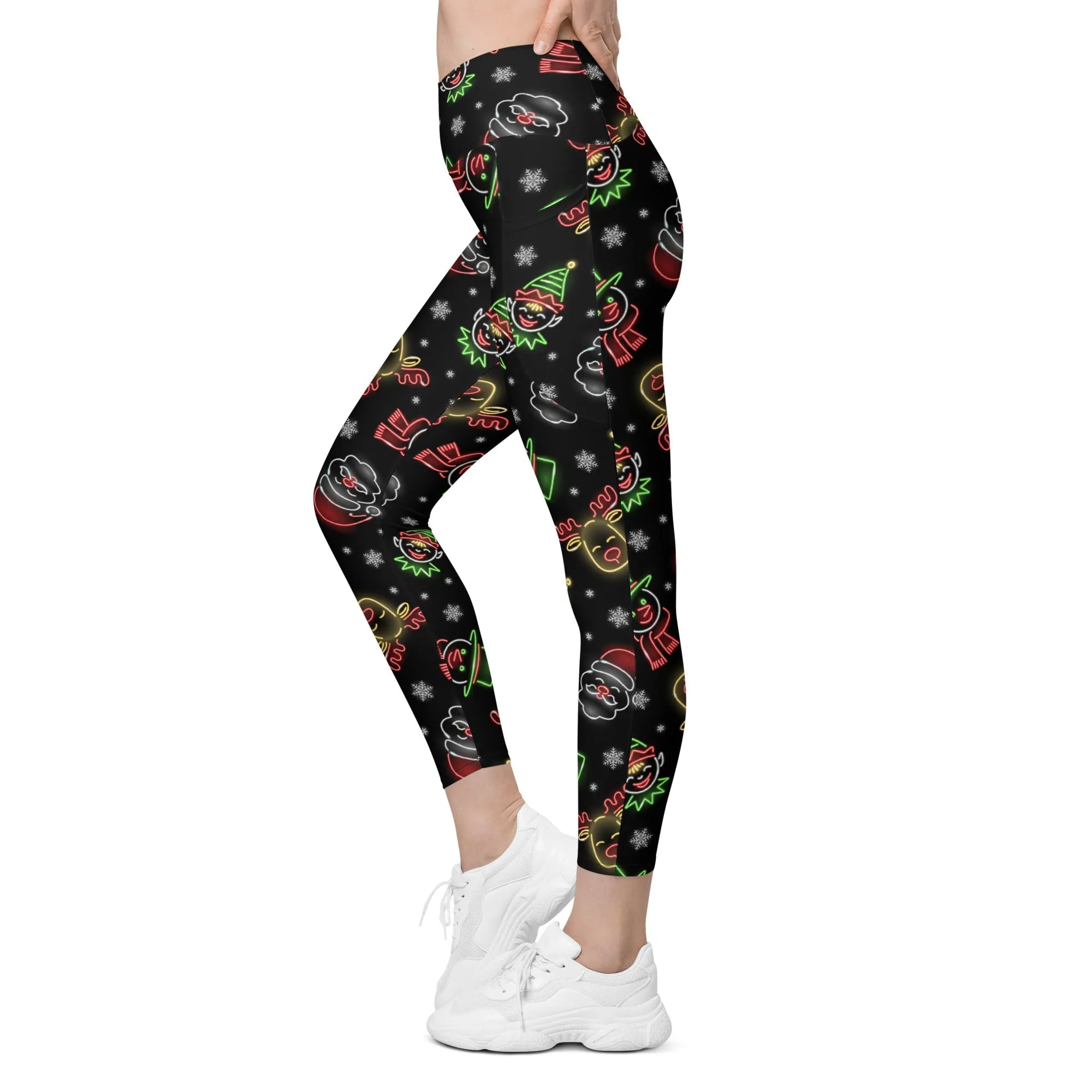 Neon Christmas Crossover Leggings With Pockets