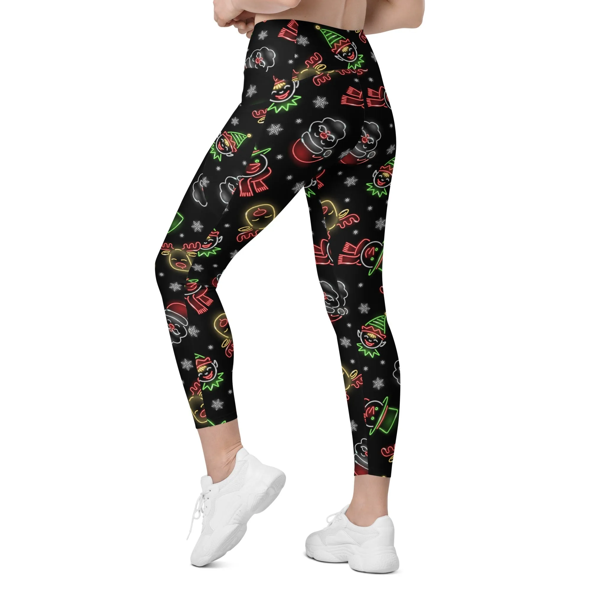 Neon Christmas Crossover Leggings With Pockets