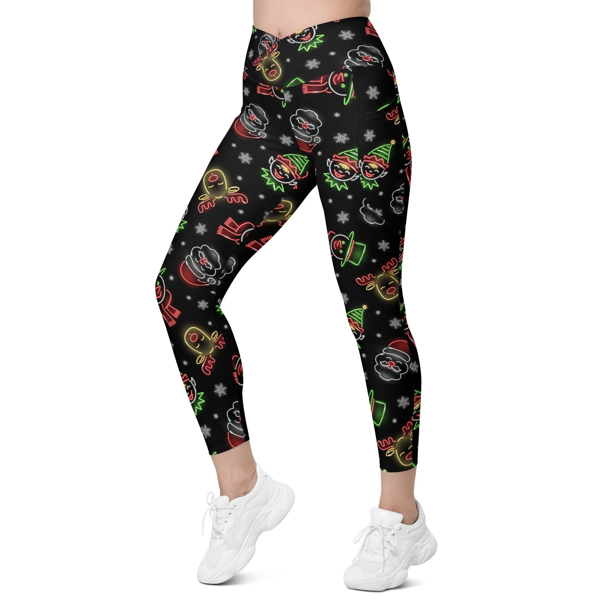 Neon Christmas Crossover Leggings With Pockets