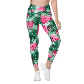 Palm Leaves & Watermelon Crossover Leggings With Pockets