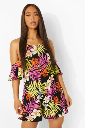 Palm Print Cold Shoudler Romper