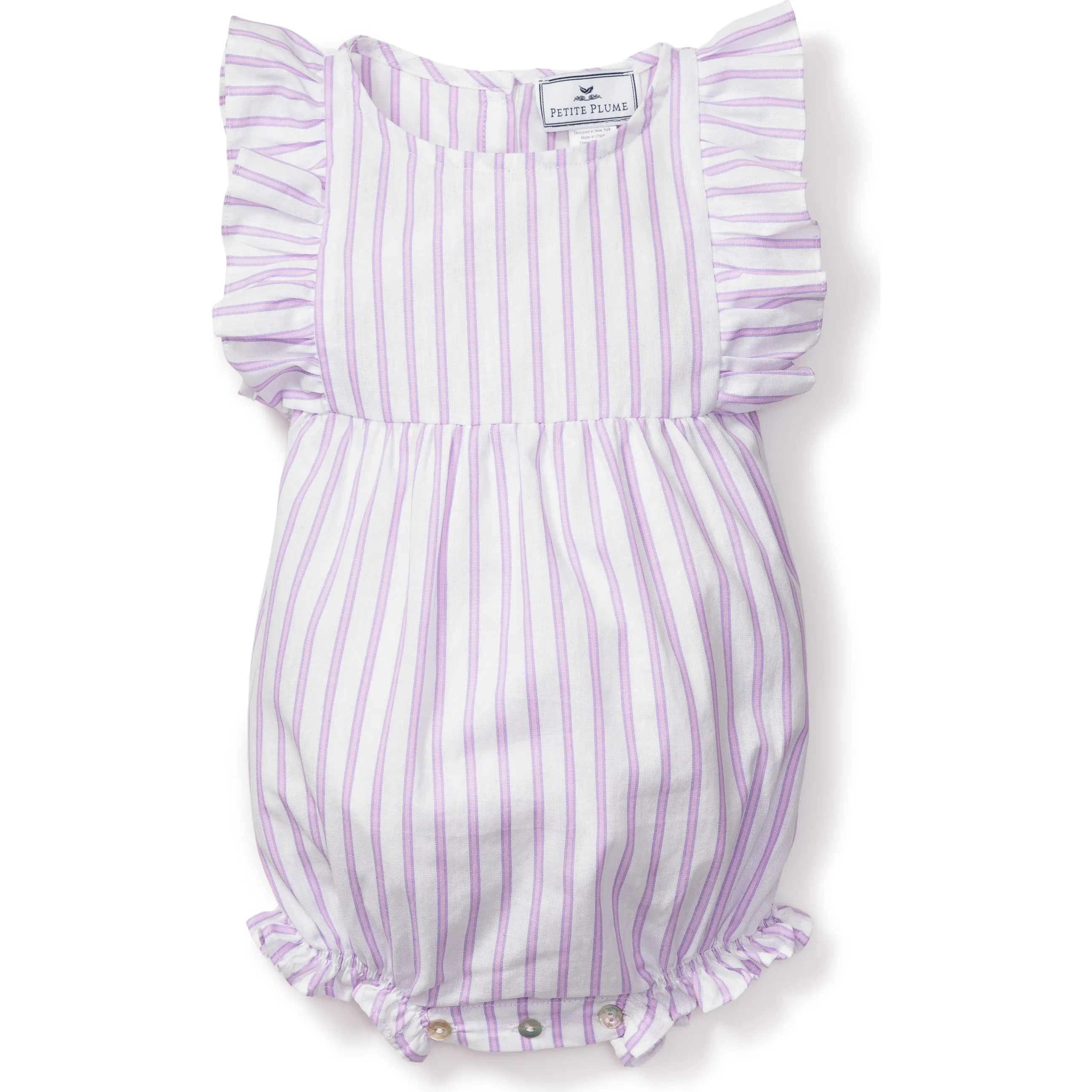 Petite Plume Ruffled Romper, Lavender French Ticking