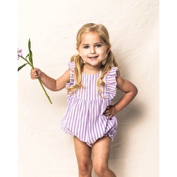 Petite Plume Ruffled Romper, Lavender French Ticking