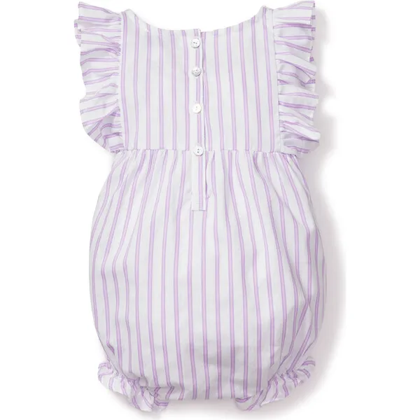 Petite Plume Ruffled Romper, Lavender French Ticking