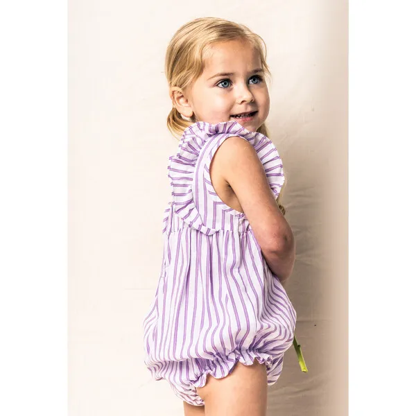 Petite Plume Ruffled Romper, Lavender French Ticking