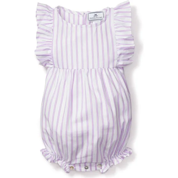 Petite Plume Ruffled Romper, Lavender French Ticking