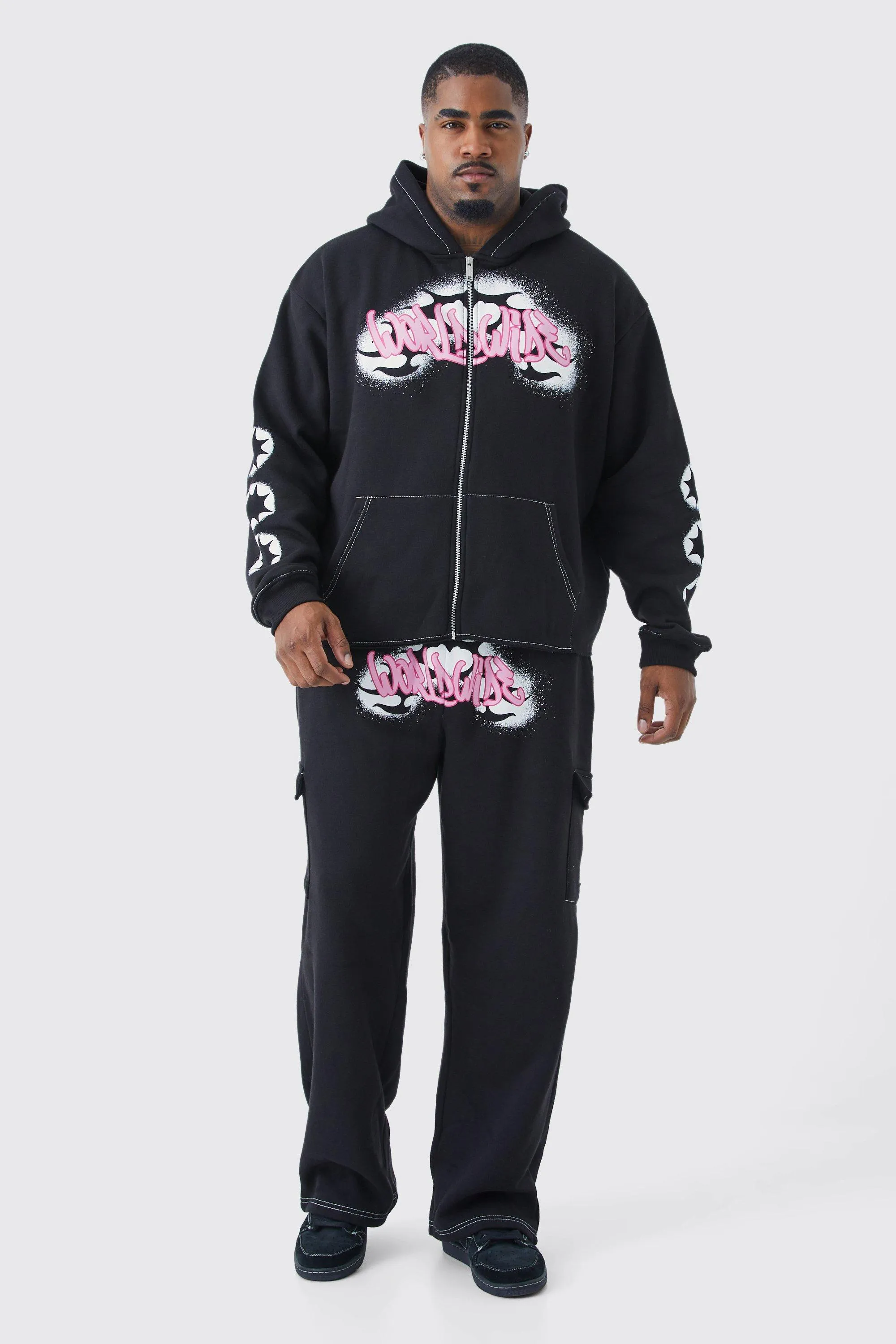 Plus Boxy Worldwide Graffiti Cargo Tracksuit | boohooMAN UK