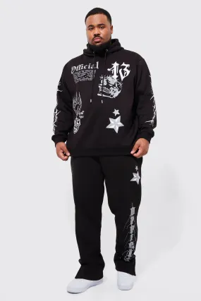 Plus Graffiti Hooded Split Hem Tracksuit | boohooMAN UK