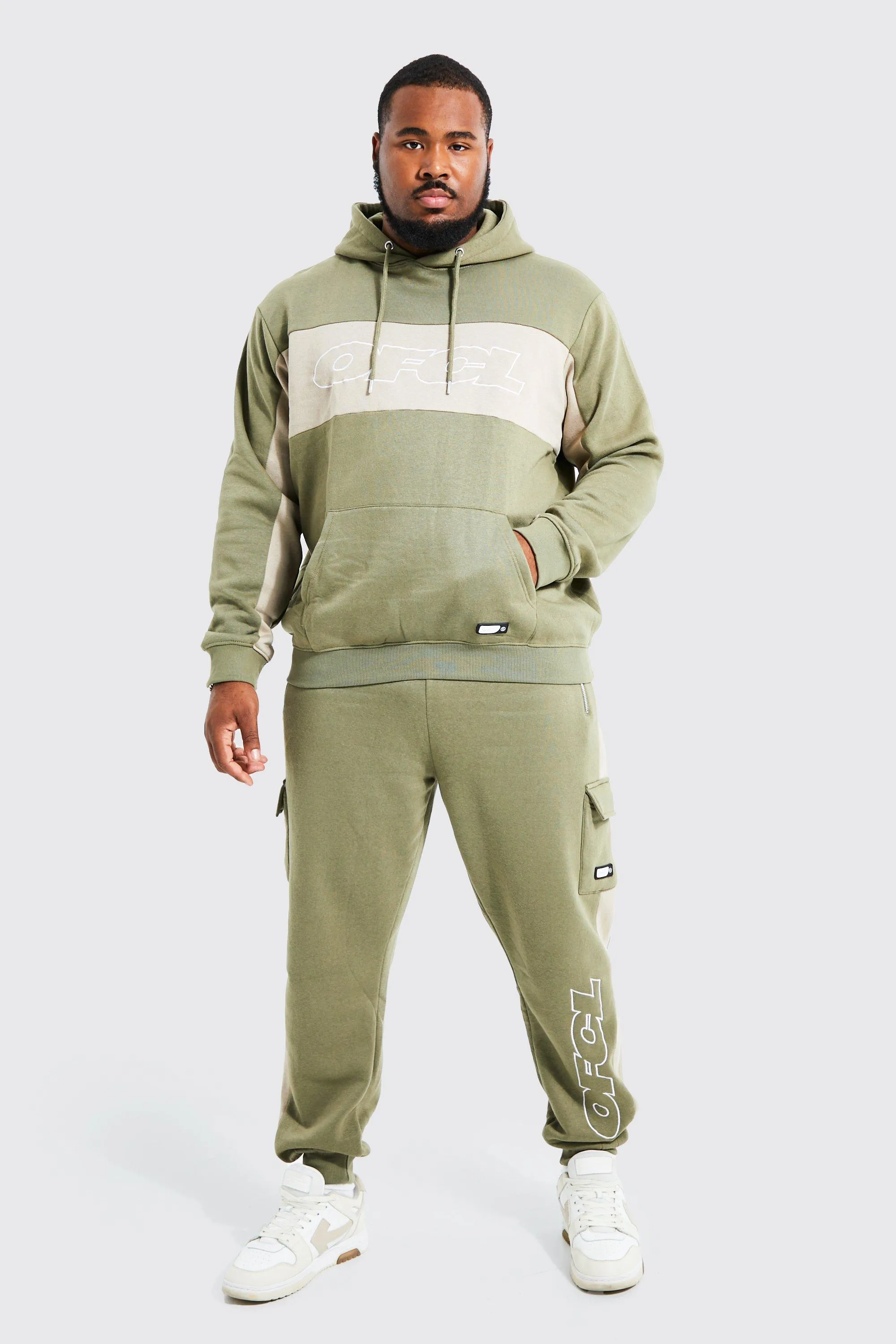 Plus Man Colour Block Cargo Hooded Tracksuit | boohooMAN UK