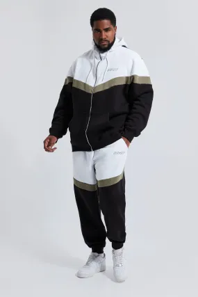 Plus Man Funnel Neck Hooded Colour Block Tracksuit