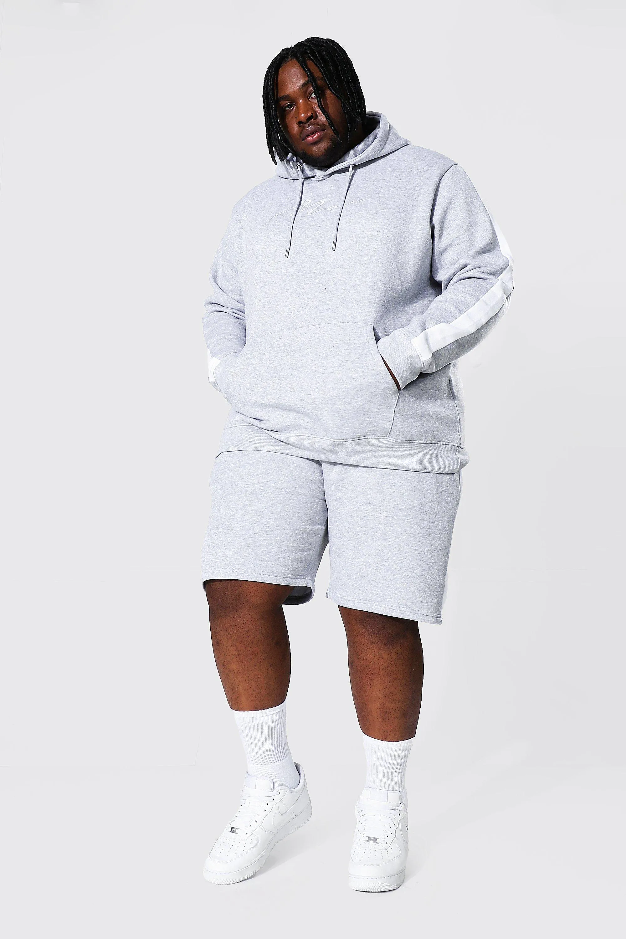 Plus Man Script Side Panel Short Tracksuit | boohooMAN UK