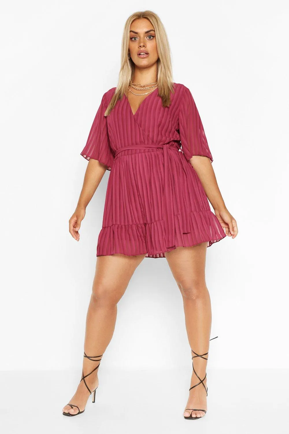 Plus Satin Stripe Ruffle Romper