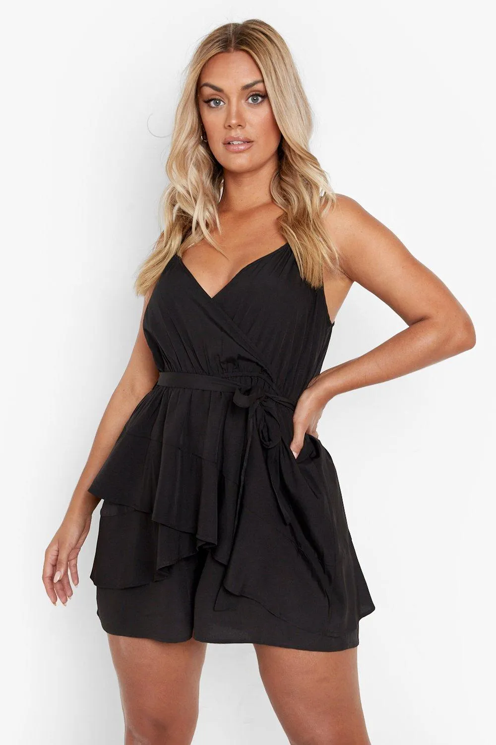 Plus Woven Ruffle Wrap Romper