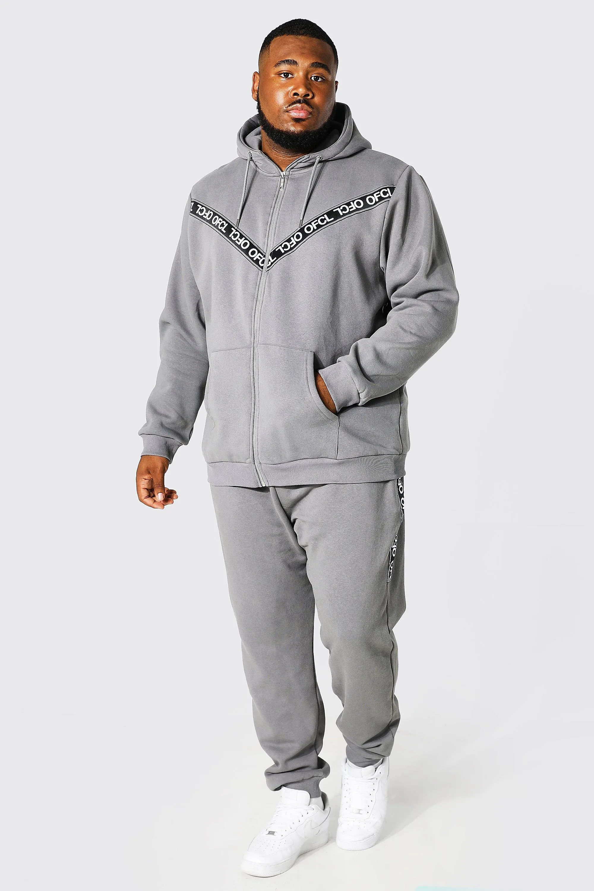 Plus Zip Through Ofcl Tape Hooded Tracksuit | boohooMAN UK