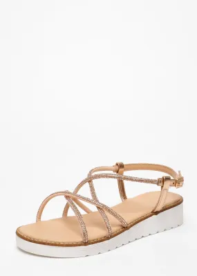 Quiz Rose Gold Diamante Cross Strap Flatform Sandals