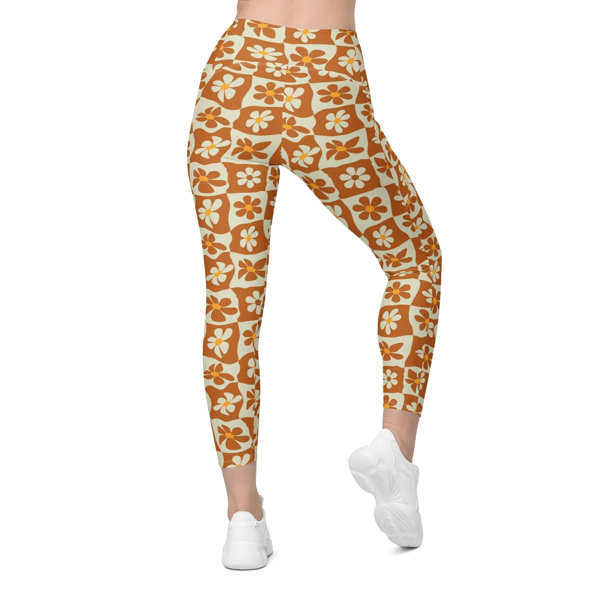 Retro Flower Checkerboard Crossover Leggings With Pockets