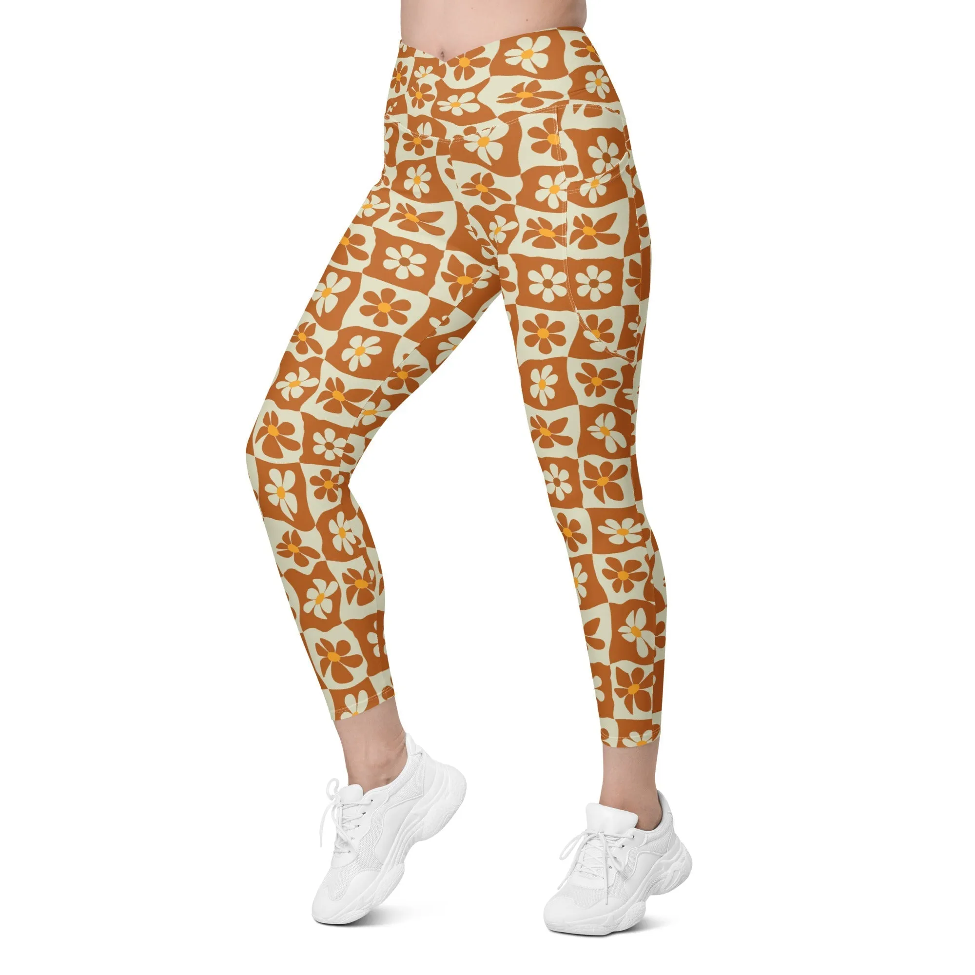 Retro Flower Checkerboard Crossover Leggings With Pockets