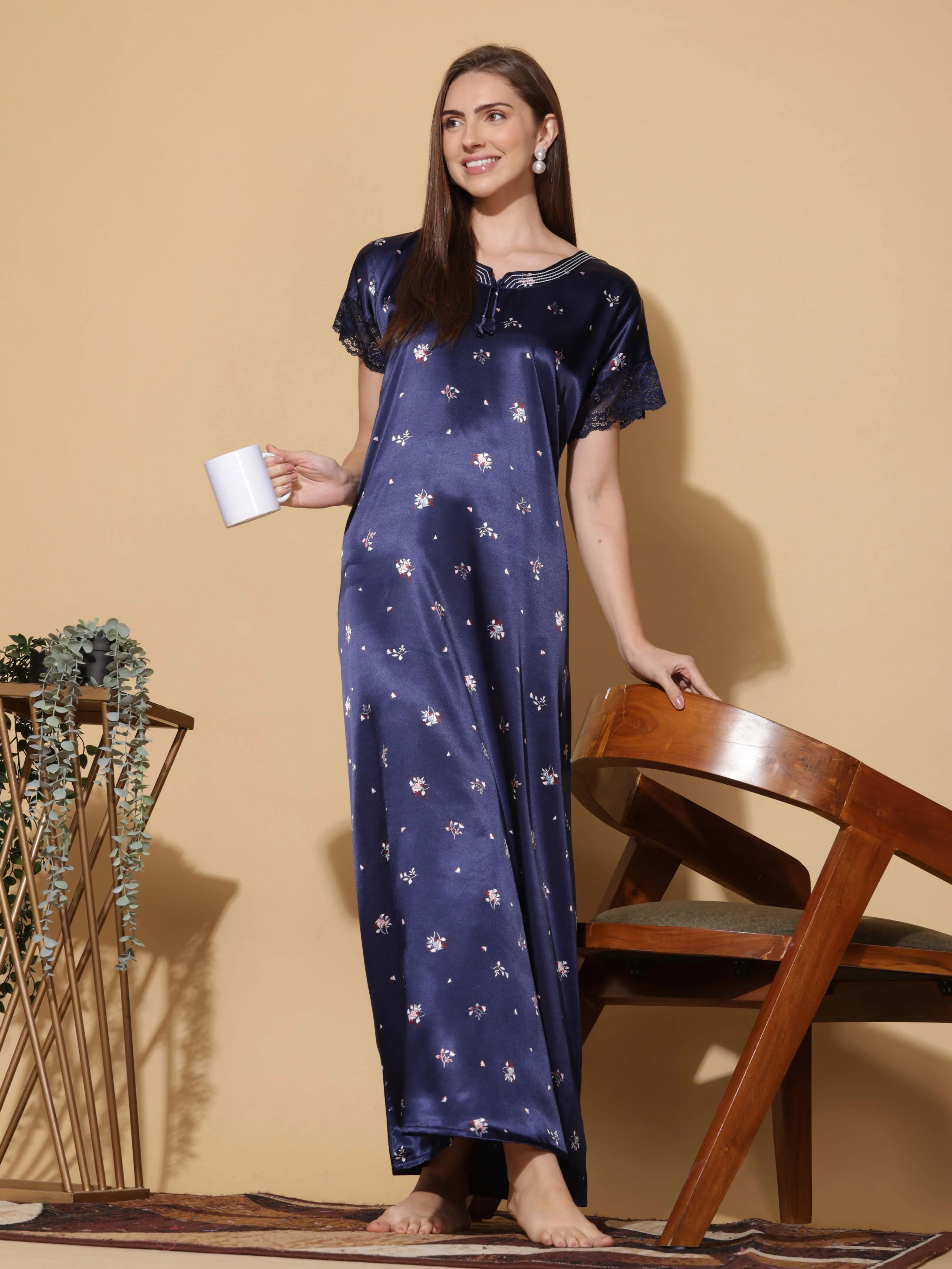 Royal Blue Satin Nighty - Elegant Sleepwear for Women