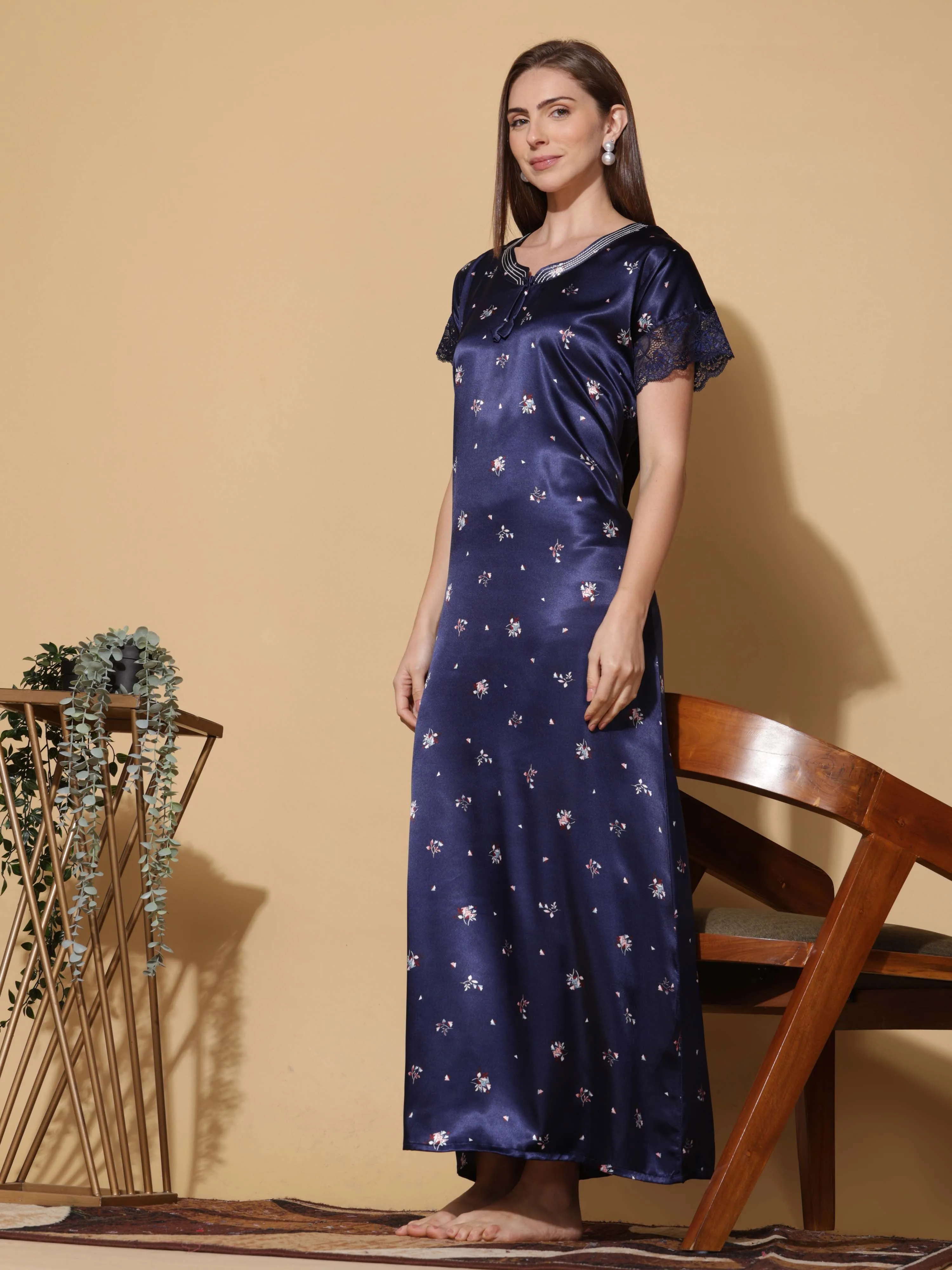 Royal Blue Satin Nighty - Elegant Sleepwear for Women