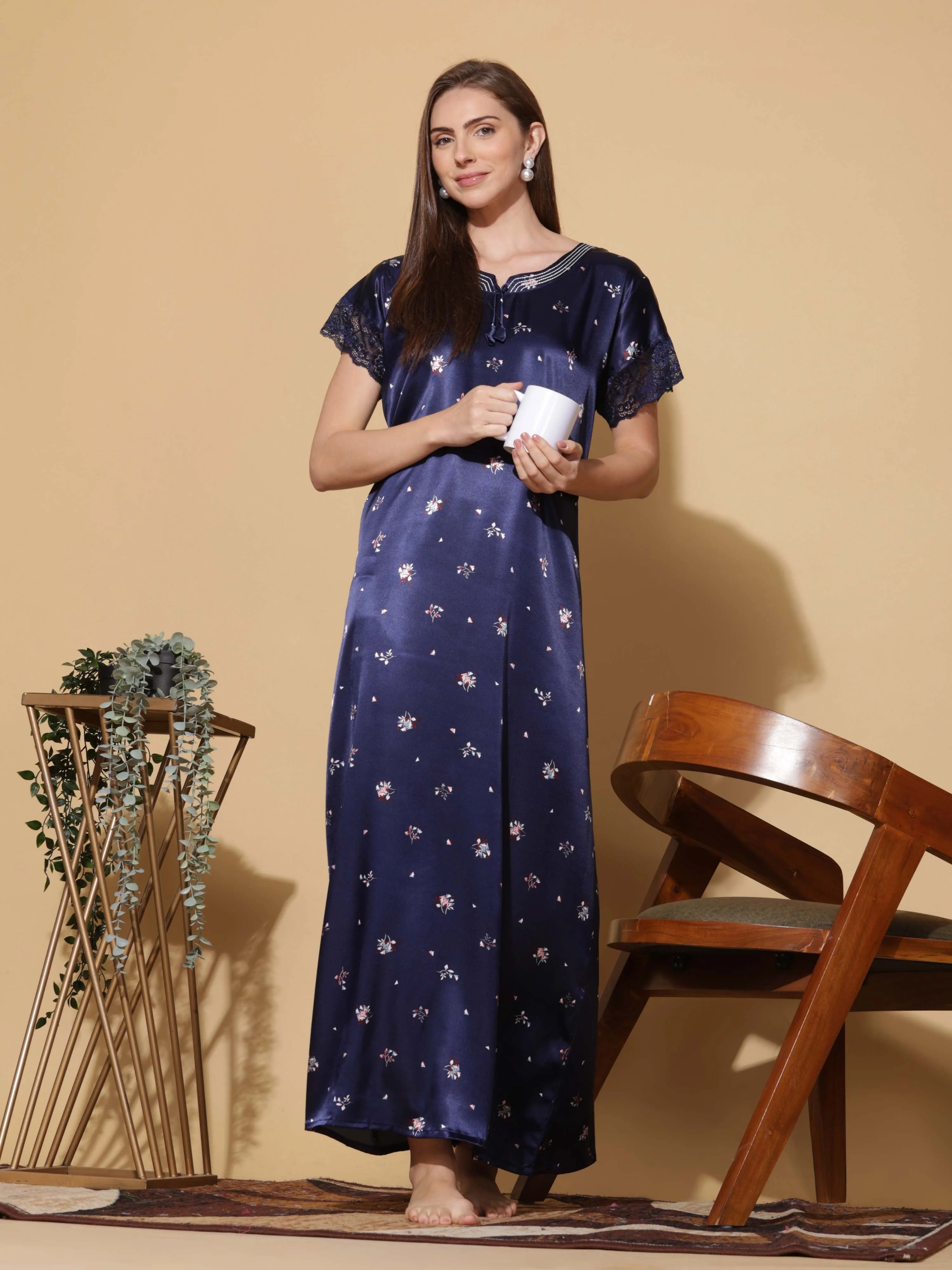 Royal Blue Satin Nighty - Elegant Sleepwear for Women