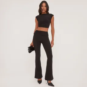 Short Sleeve Backless Top And High Waist Flared Trousers Co-Ord Set In Black