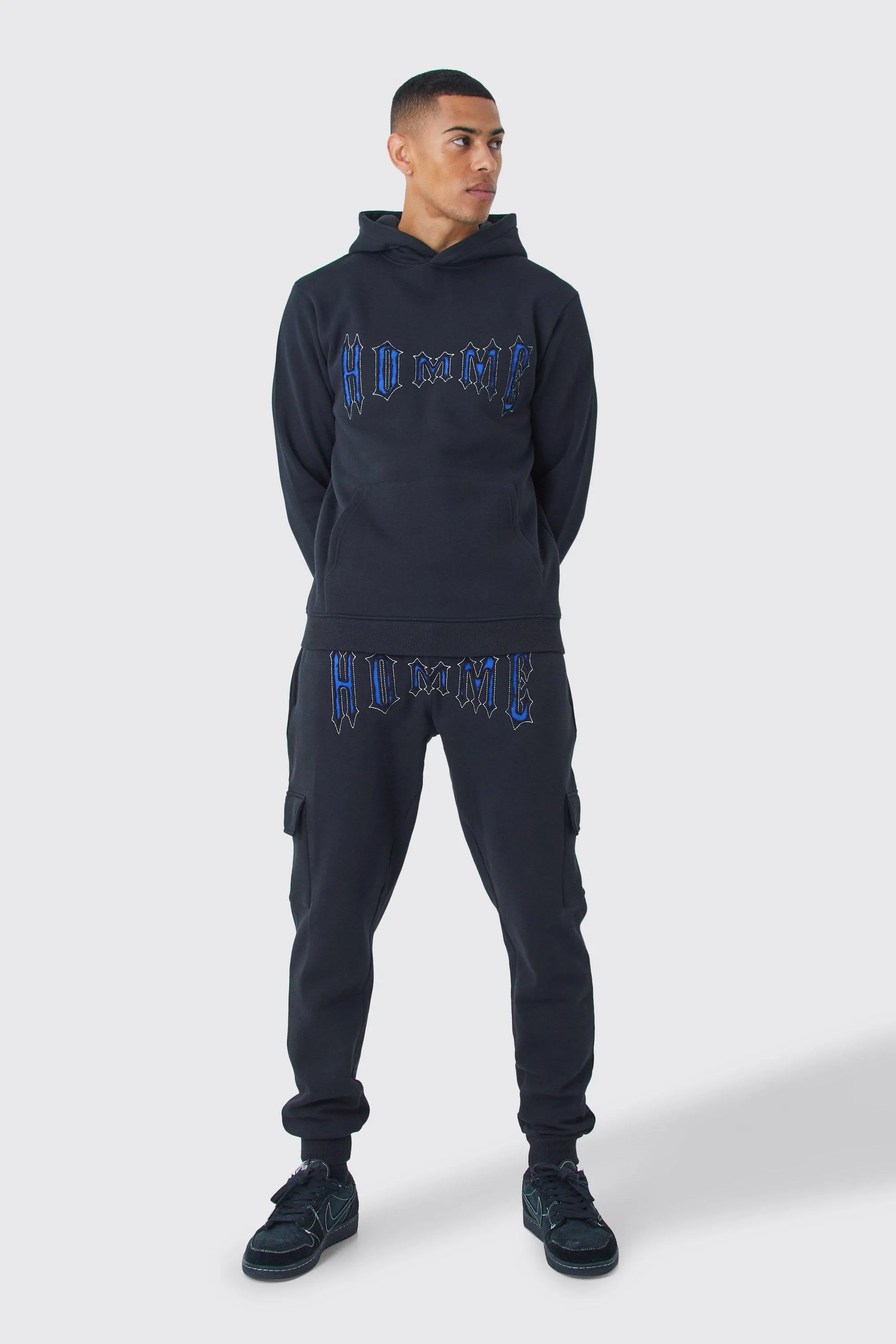 Slim Fit Homme Applique Cargo Tracksuit | boohooMAN UK