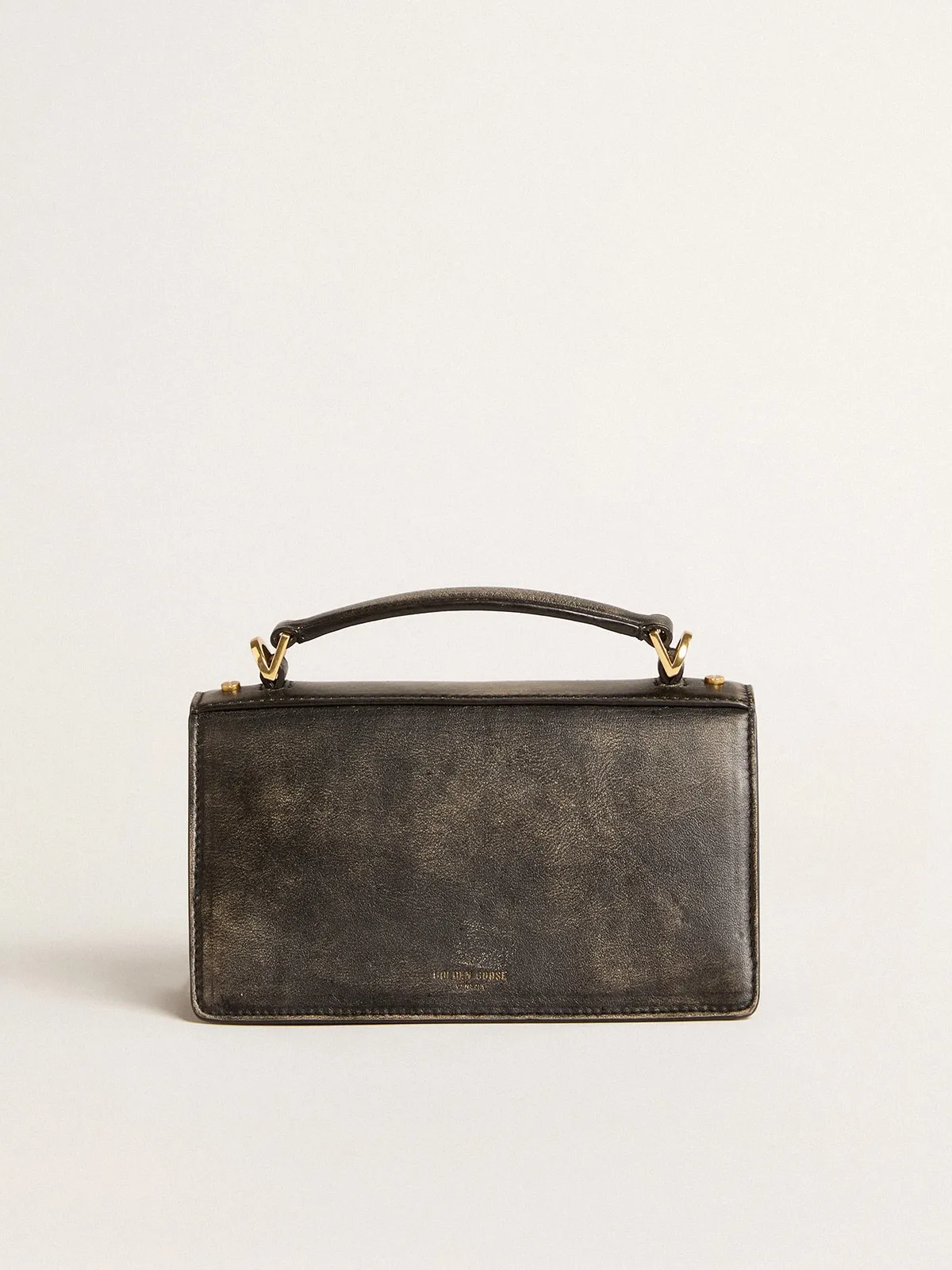 Small Venezia Bag in black distressed leather with gold details