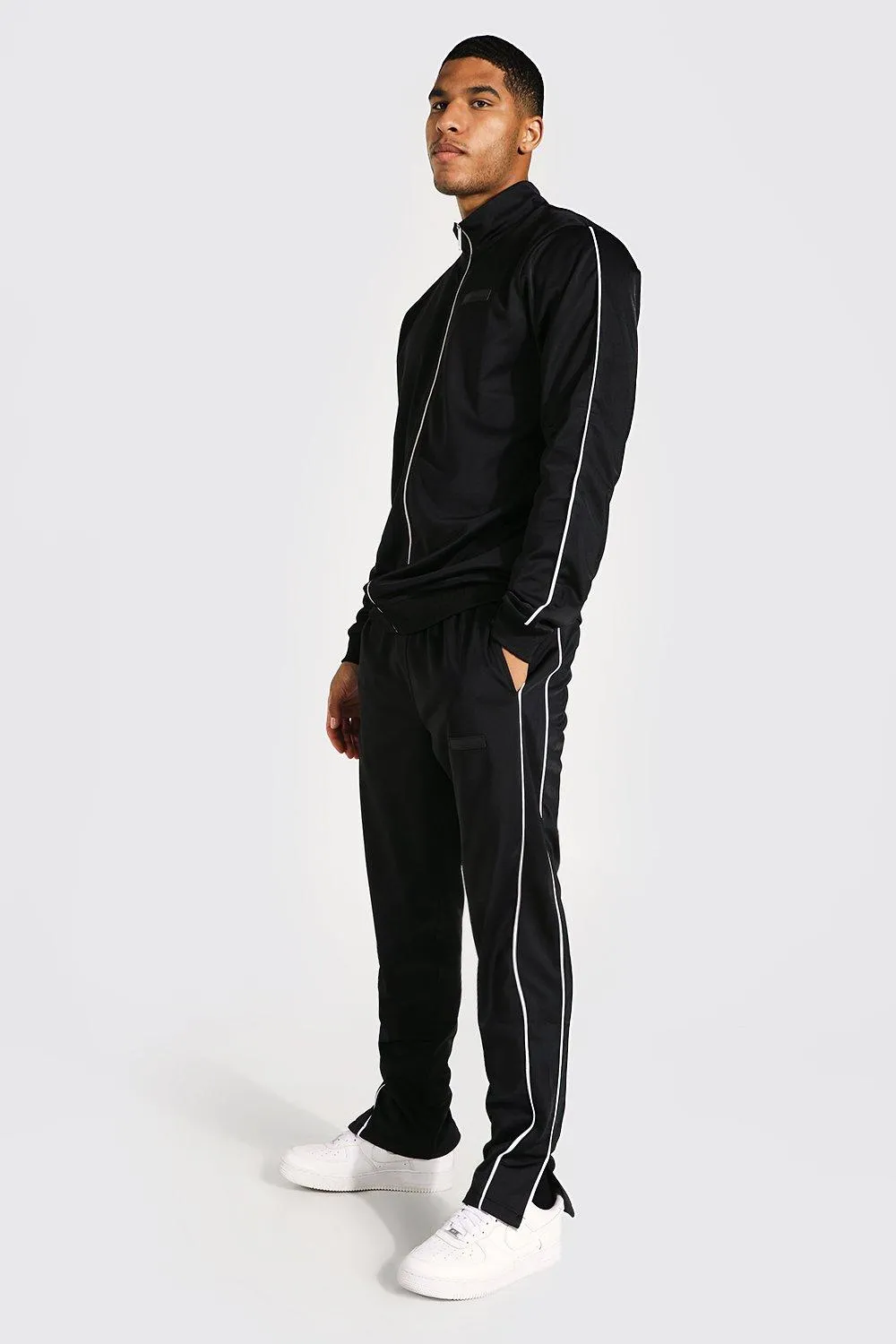 Tall Funnel Neck Tricot Tracksuit With Piping | boohooMAN UK