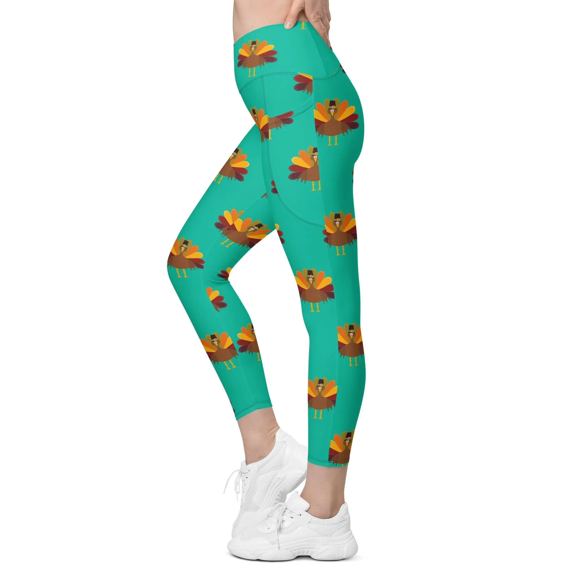 Thanksgiving Turkey Print Crossover Leggings With Pockets