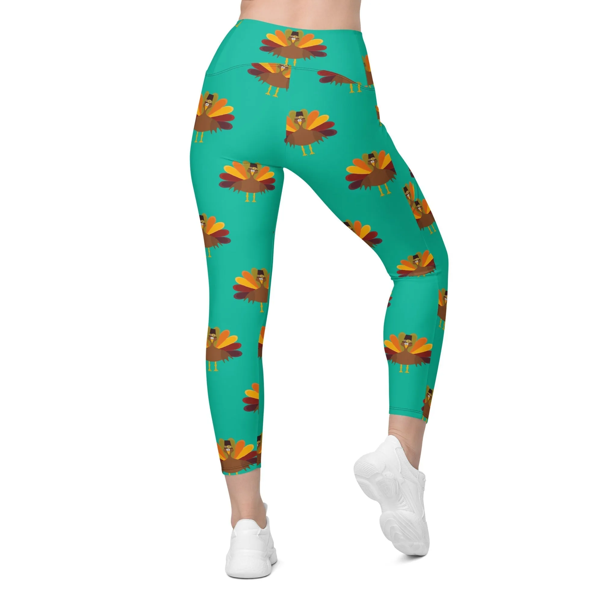 Thanksgiving Turkey Print Crossover Leggings With Pockets