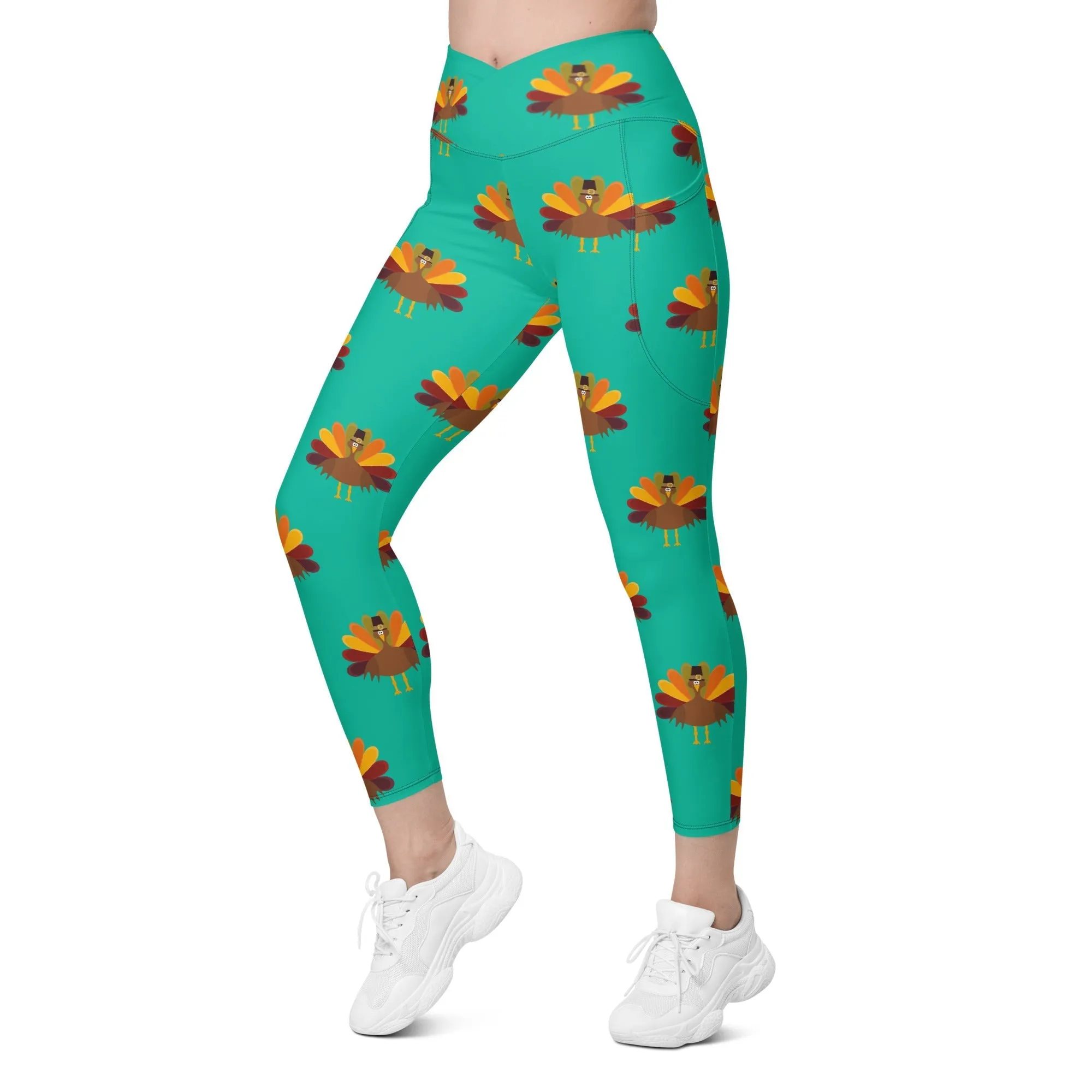 Thanksgiving Turkey Print Crossover Leggings With Pockets