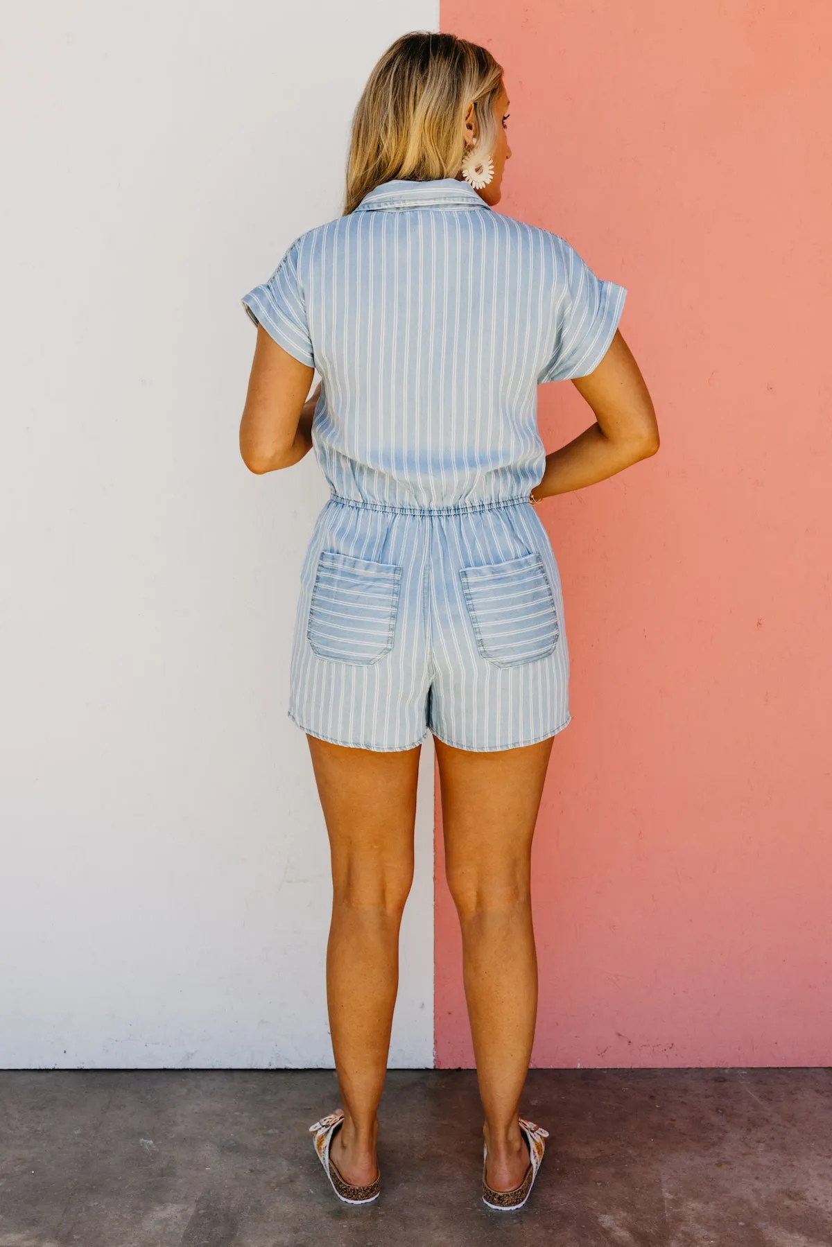 The Adelina Chambray Striped Button Down Romper