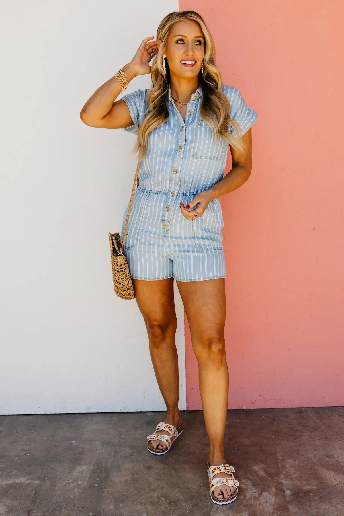 The Adelina Chambray Striped Button Down Romper