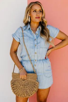 The Adelina Chambray Striped Button Down Romper