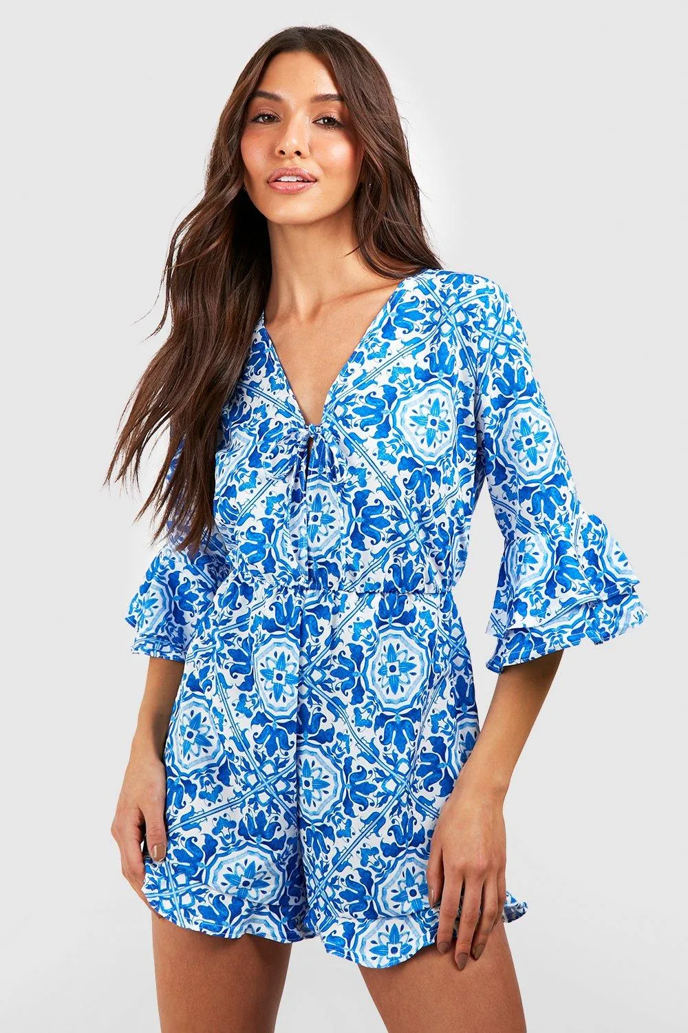 Tile Print Frill Detail Romper