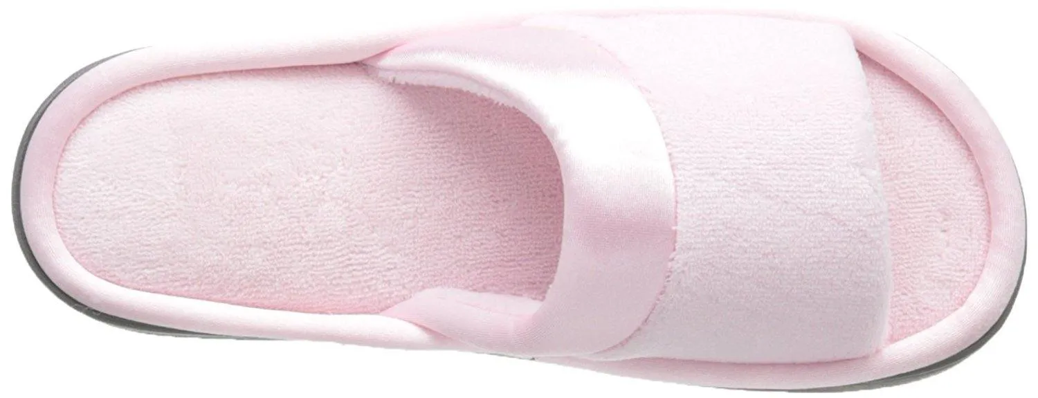 Totes isotoner Women's Microterry Slide Slipper with Satin Trim, Peony, 8.5/9