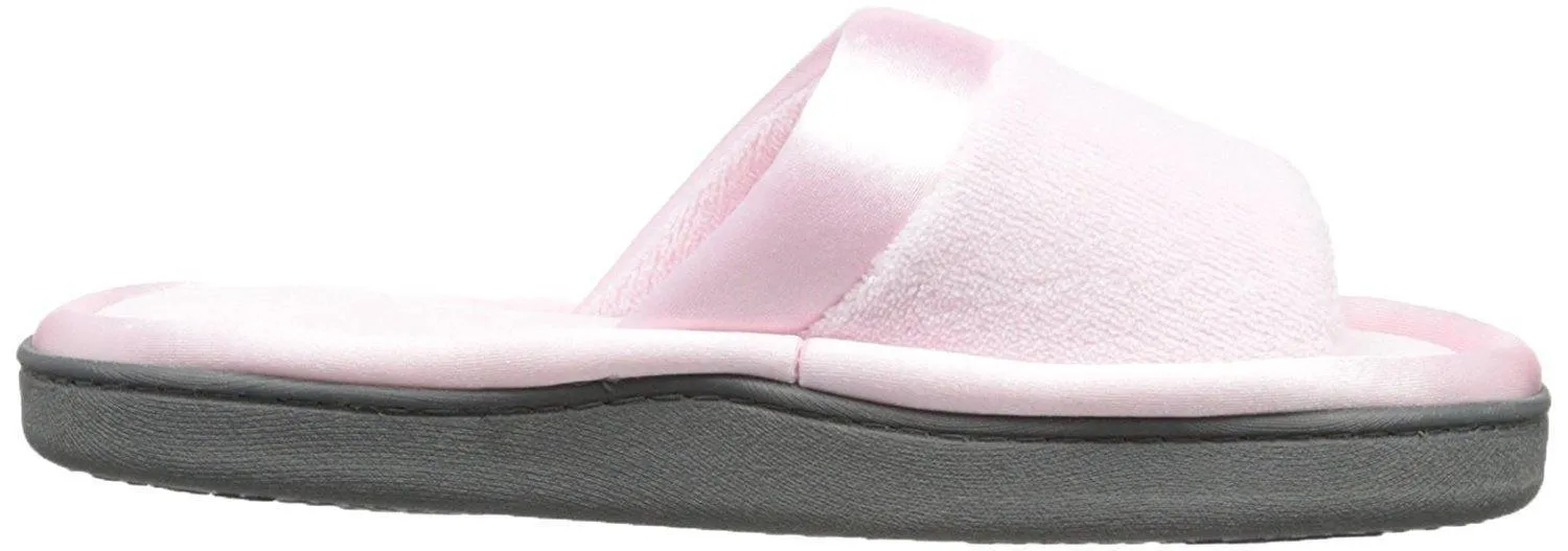 Totes isotoner Women's Microterry Slide Slipper with Satin Trim, Peony, 8.5/9