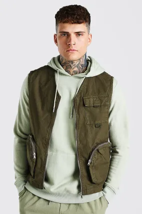 Twill Zip Through Utility Vest | boohooMAN UK