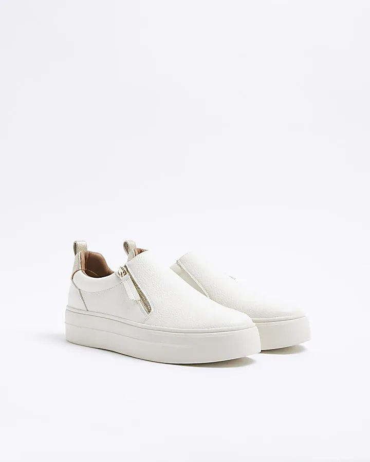 White Wide fit zip platform trainers