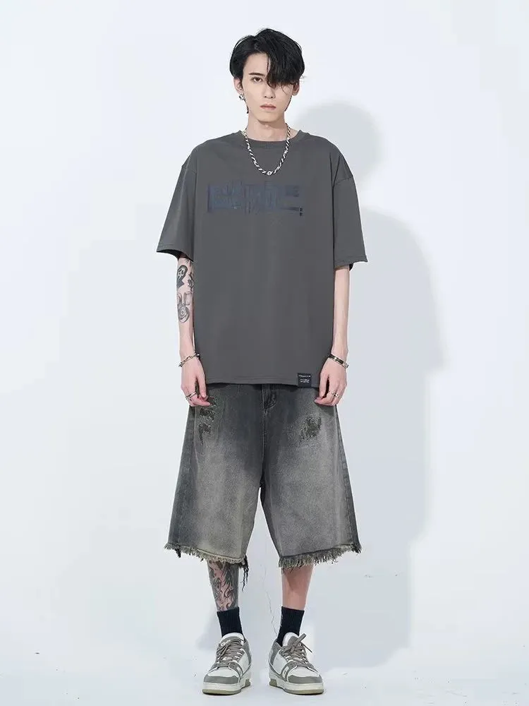 Xituodai Jeans Men Chic Summer Distressed Washed Denim Trousers Japanese Style Harajuku All-match High Street Knee Length Baggy 