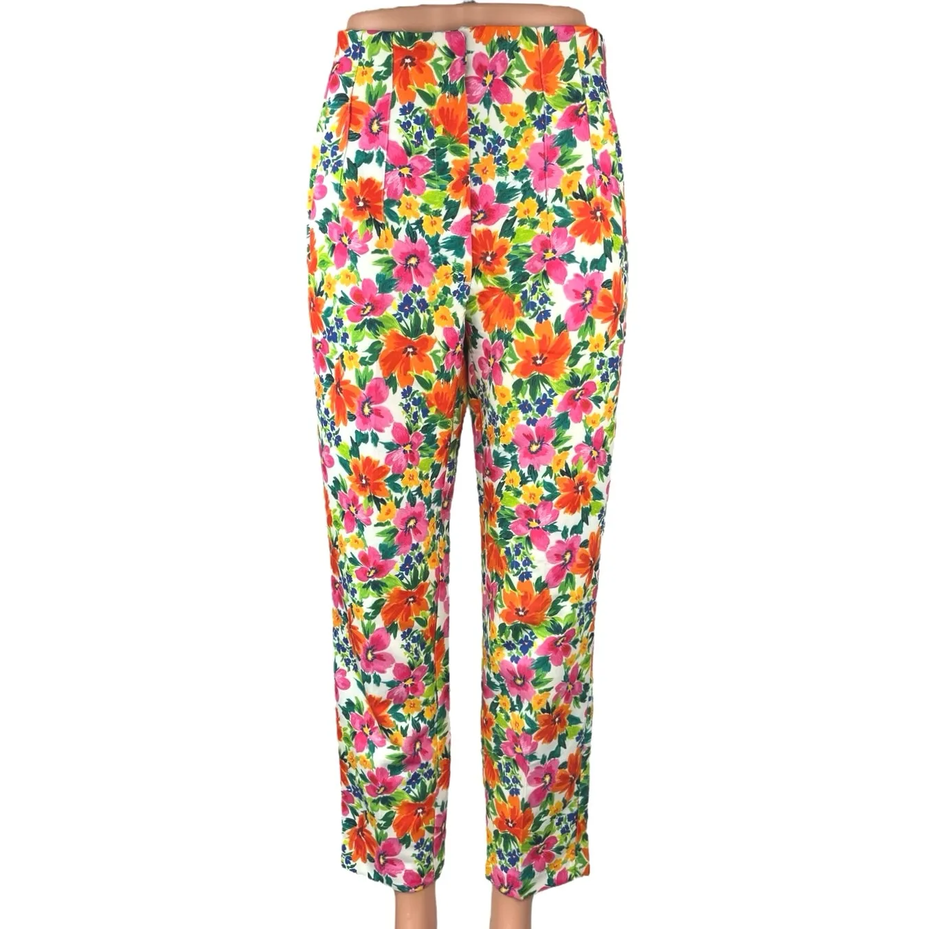 Zara Multicolor Floral Print High Waist Straight Tapered Ankle Trousers Pants M