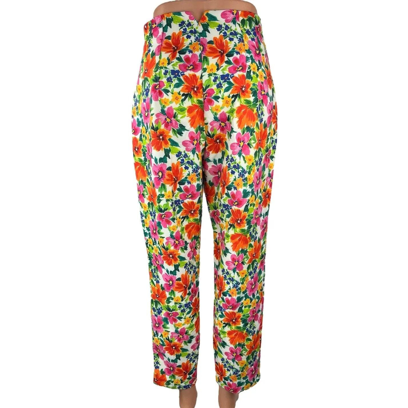 Zara Multicolor Floral Print High Waist Straight Tapered Ankle Trousers Pants M